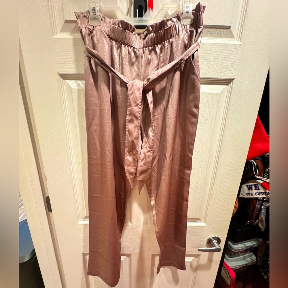 NWT pink iridescent pants elastic waist with tie